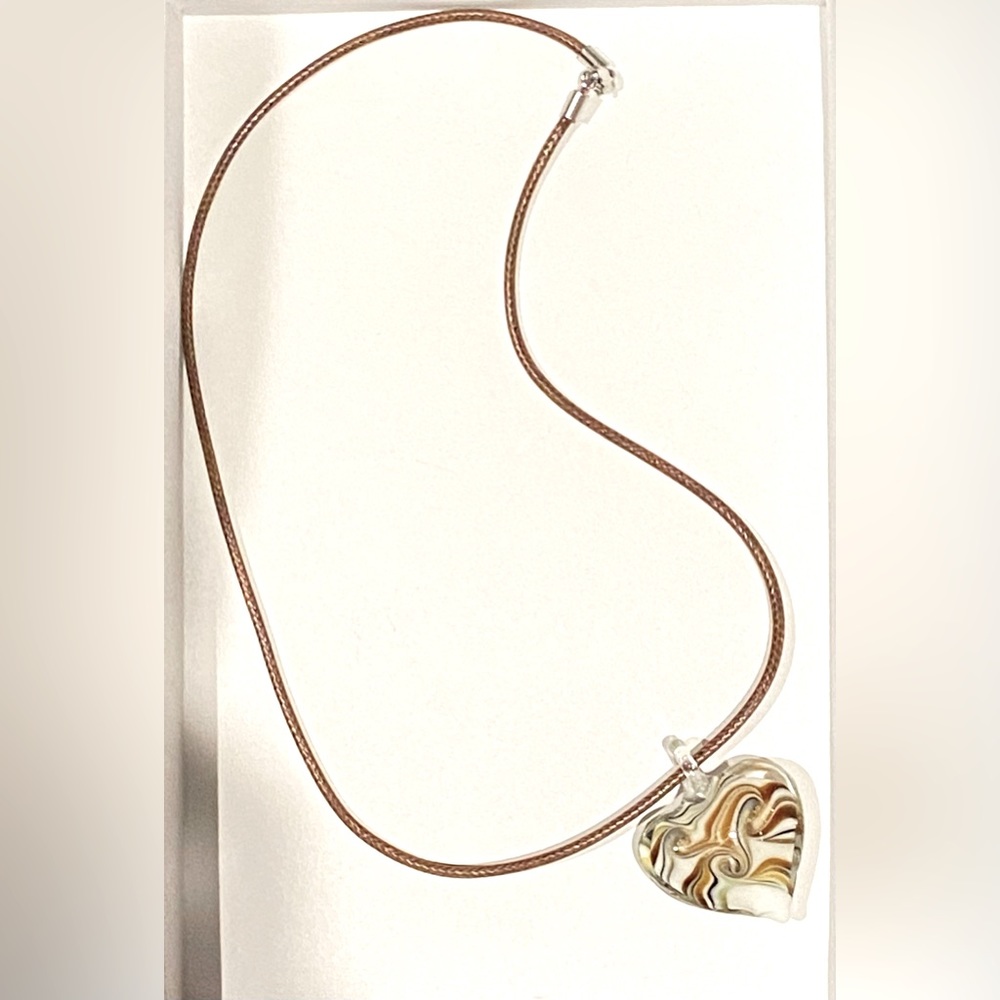 Beautiful brown swirl heart goldsand glass pendant 20”